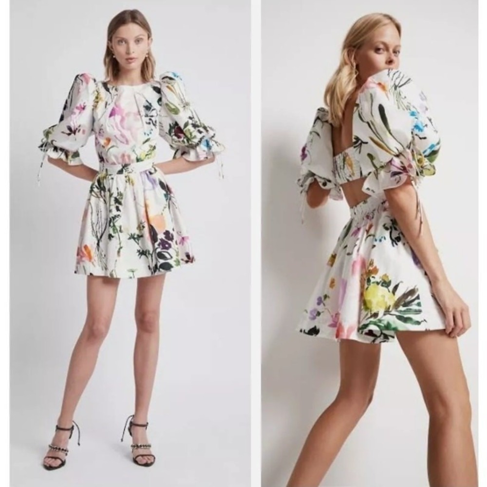 Aje Drift Floral Puff Sleeve Mini Dress Open Back Cutout Cotton Pockets AU 6 XS